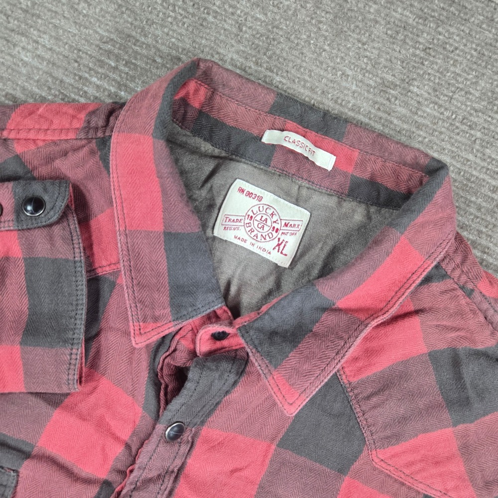 Lucky Brand Mens XL Red Charcoal Buffalo Plaid Western Snap Flannel Shirt
